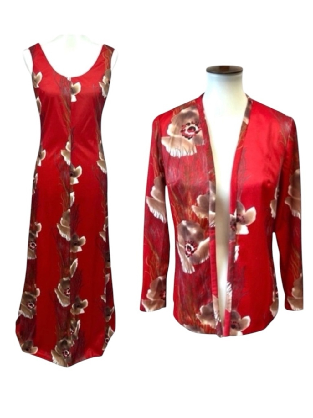 Vintage MCM Red Hawaiian Asian Floral Sleeveless Formal Maxi Dress Jacket Set